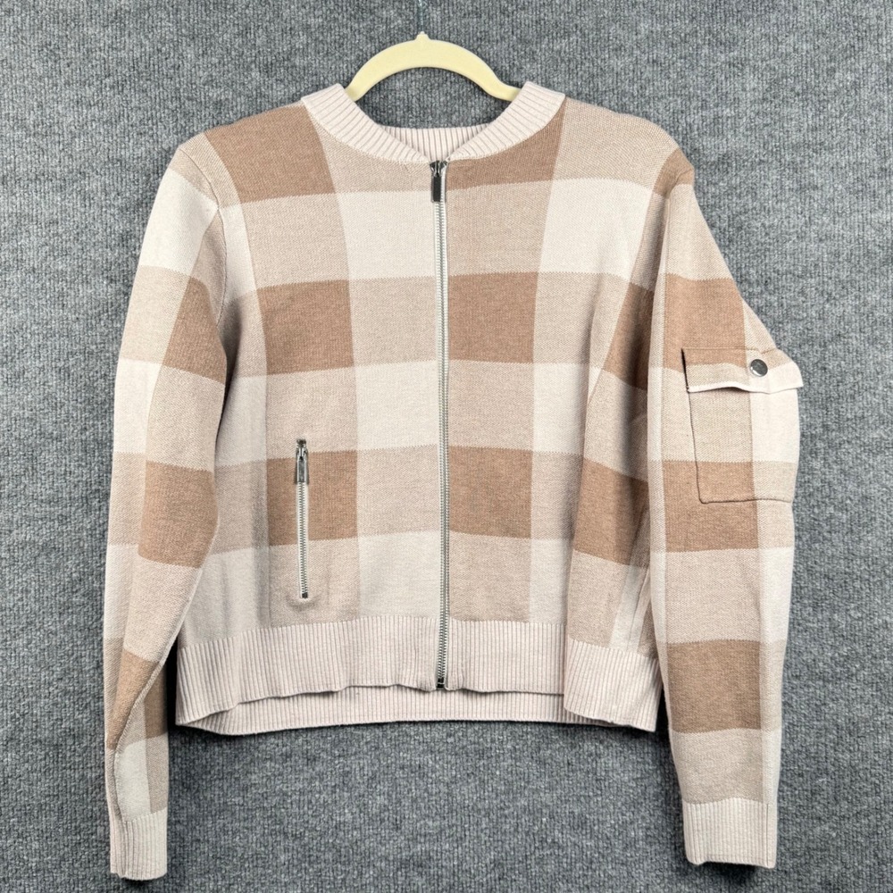 Cynthia‎ Rowley Medium Buffalo Check Plaid Zip Up Knit Sweater Jacket Bomber